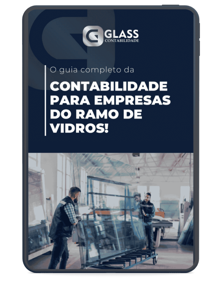 Foto de capa do e-book sobre contabilidade para vidraceiros, destacando ferramentas de trabalho, esquadrias de vidro e gráficos financeiros.